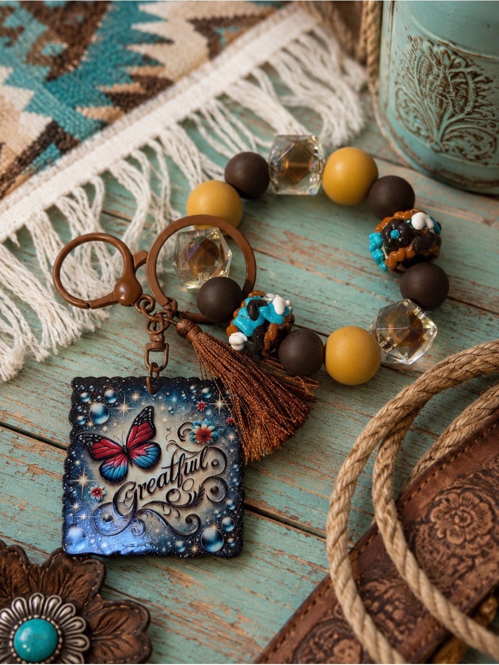 Hand Beaded Key Chain with 'Greatful' Butterfly Charm - Brown & Mustard